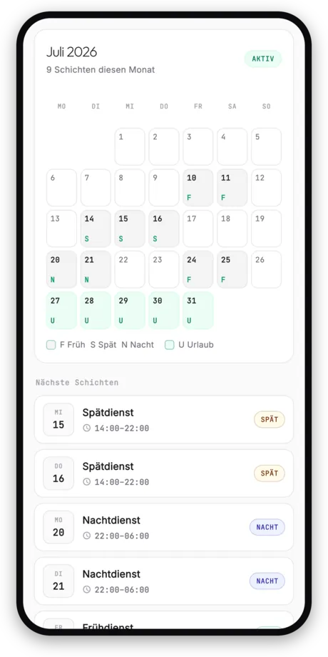 Dienstplan-Kalender mit Früh-, Spät- und Nachtdiensten und Urlaubswoche