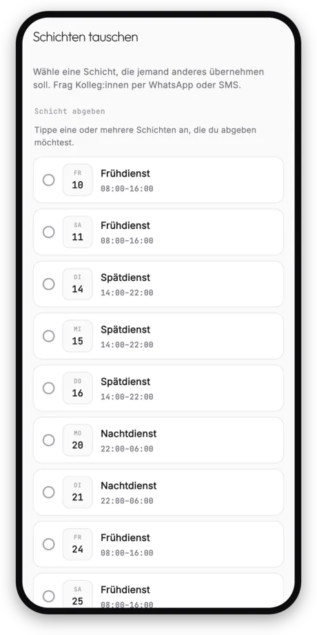 Schichten tauschen – Schicht zum Abgeben auswählen und per WhatsApp teilen